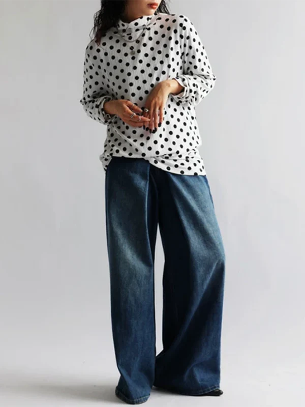 Long Sleeves Loose Polka-Dot Heaps Collar T-Shirts Tops - Image 5