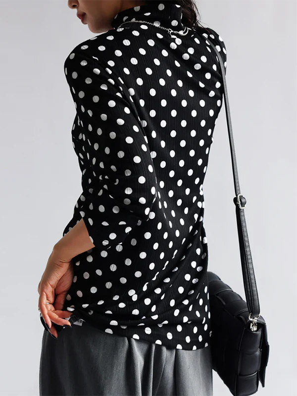 Long Sleeves Loose Polka-Dot Heaps Collar T-Shirts Tops - Image 6