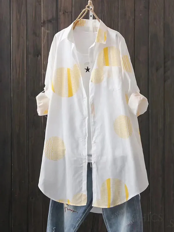 Long Sleeves Loose Polka Dot Printed Lapel Shirts Tops - Image 3