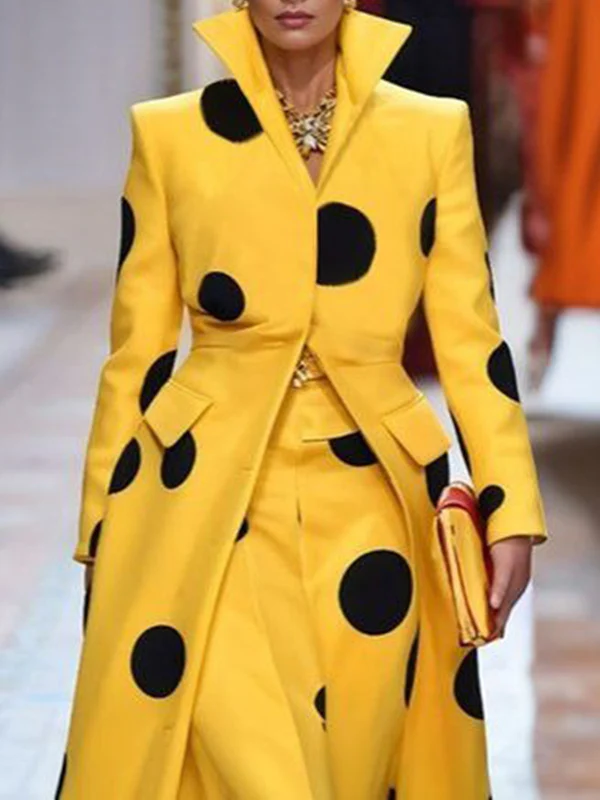 Long Sleeves Loose Polka-Dot Split-Joint Lapel Woolen Coat - Image 2