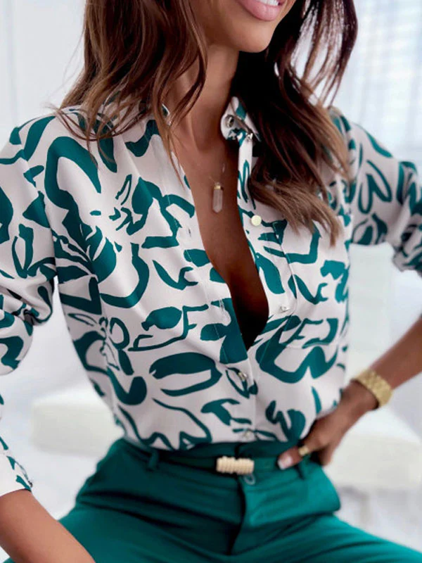 Long Sleeves Loose Printed Lapel Blouses - Image 2