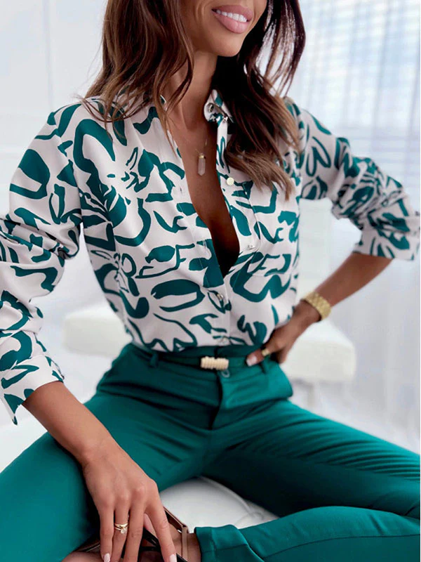 Long Sleeves Loose Printed Lapel Blouses - Image 5