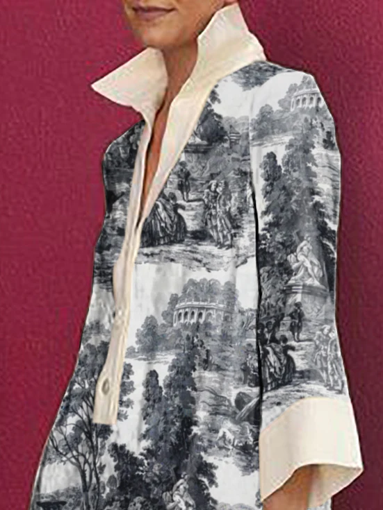 Long Sleeves Loose Printed Lapel Mini Dresses Shirt Dress - Image 2