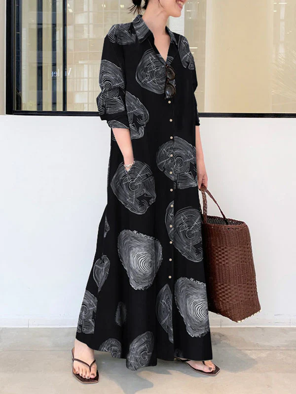 Long Sleeves Loose Printed Split-Joint Lapel Maxi Dresses Shirt Dress - Image 2