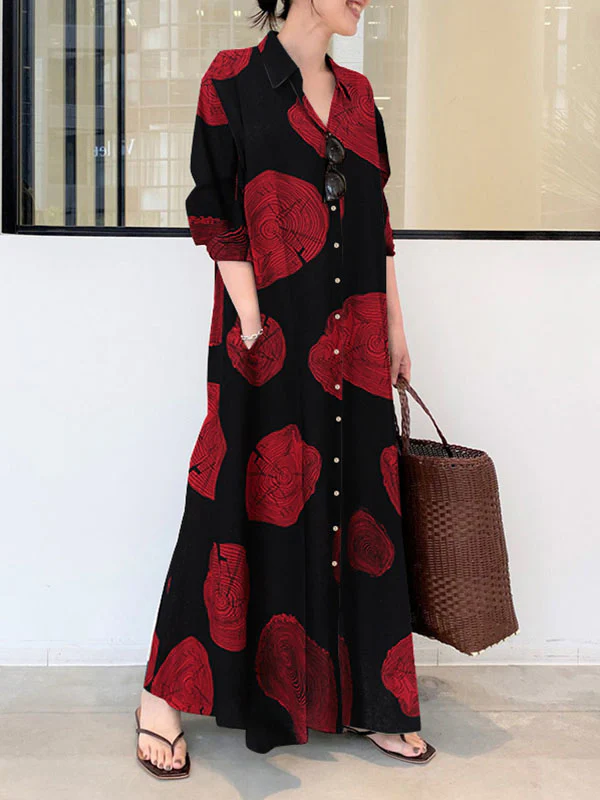 Long Sleeves Loose Printed Split-Joint Lapel Maxi Dresses Shirt Dress - Image 3