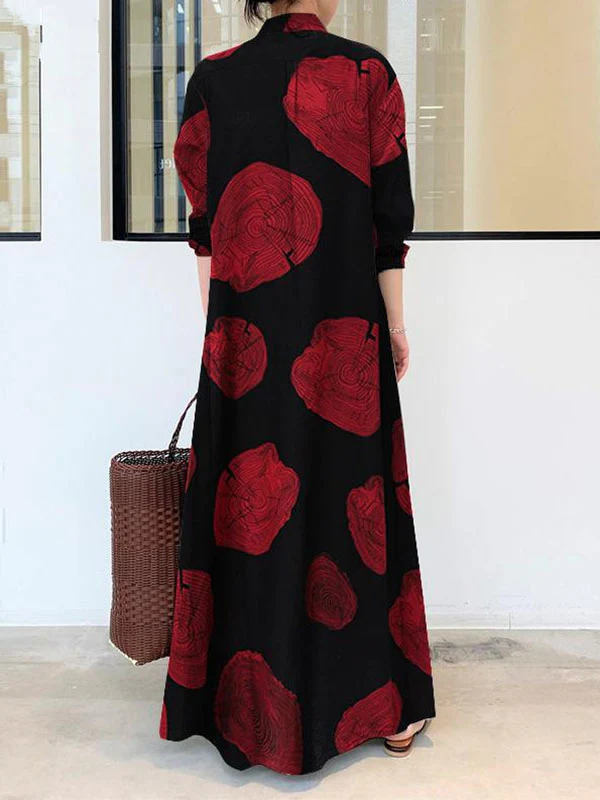 Long Sleeves Loose Printed Split-Joint Lapel Maxi Dresses Shirt Dress - Image 4