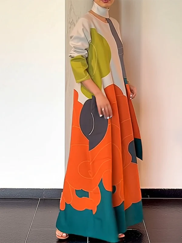 Long Sleeves Loose Printed Split-Joint Round-Neck Maxi Dresses - Image 2