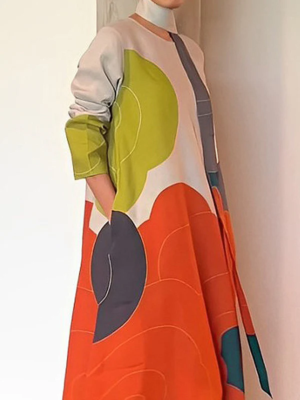 Long Sleeves Loose Printed Split-Joint Round-Neck Maxi Dresses - Image 4