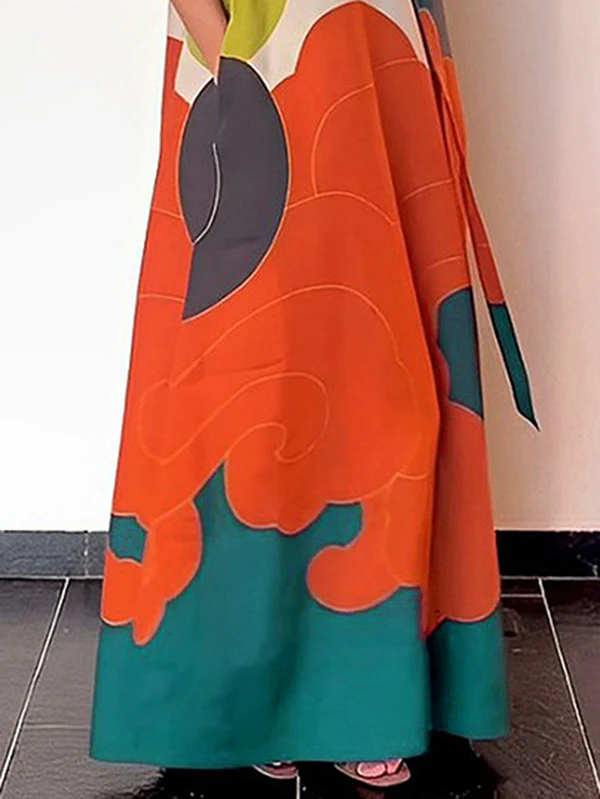 Long Sleeves Loose Printed Split-Joint Round-Neck Maxi Dresses - Image 5