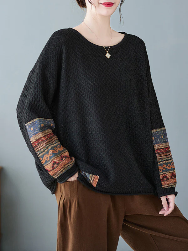 Long Sleeves Loose Printed Split-Joint Round-Neck Pullovers Sweater Tops - Image 10
