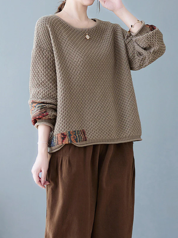 Long Sleeves Loose Printed Split-Joint Round-Neck Pullovers Sweater Tops - Image 11