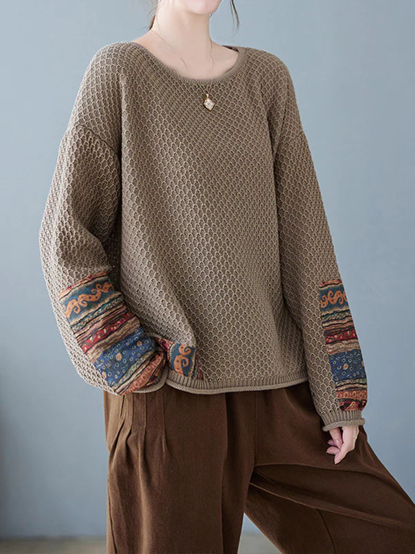 Long Sleeves Loose Printed Split-Joint Round-Neck Pullovers Sweater Tops - Image 12
