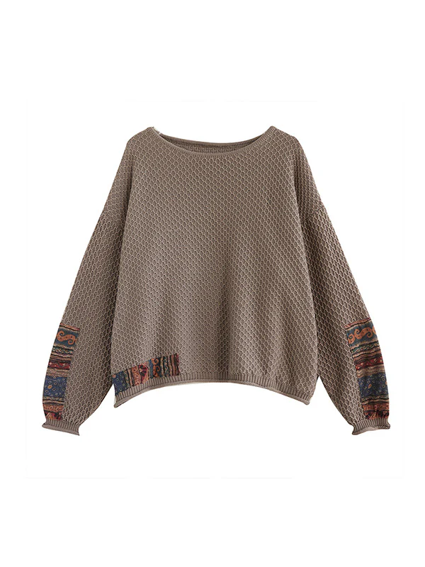 Long Sleeves Loose Printed Split-Joint Round-Neck Pullovers Sweater Tops - Image 13