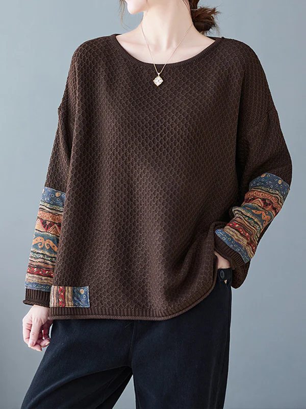 Long Sleeves Loose Printed Split-Joint Round-Neck Pullovers Sweater Tops - Image 2