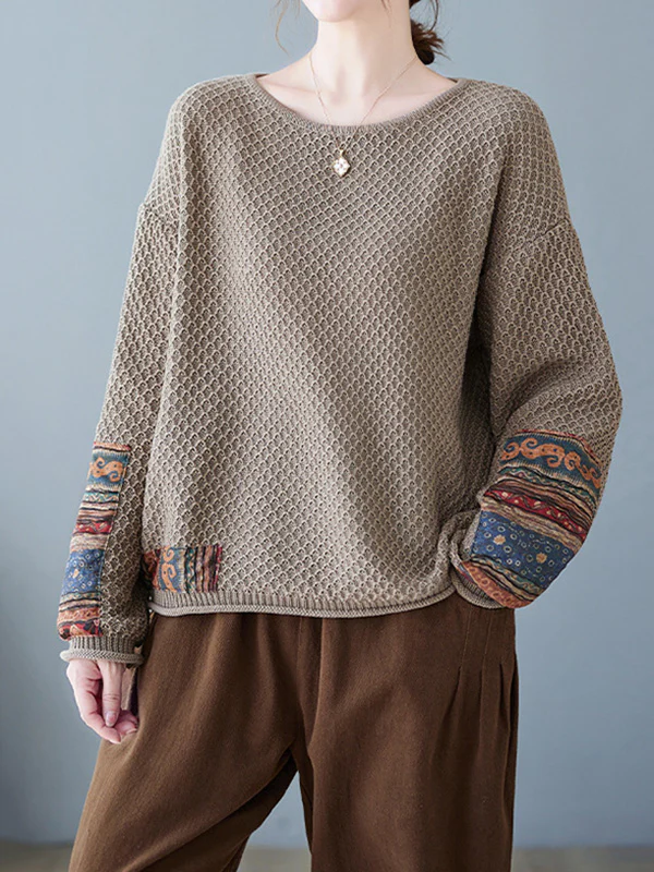 Long Sleeves Loose Printed Split-Joint Round-Neck Pullovers Sweater Tops - Image 3