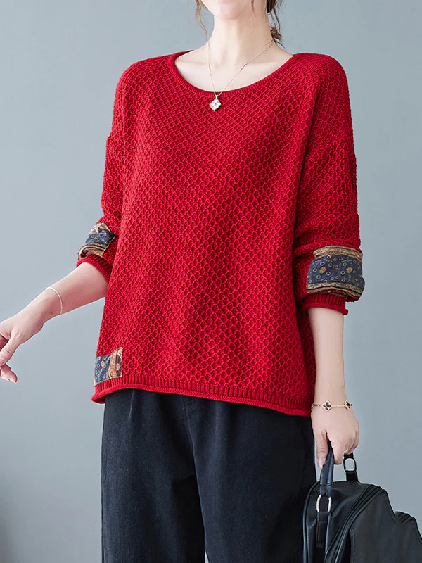 Long Sleeves Loose Printed Split-Joint Round-Neck Pullovers Sweater Tops - Image 4