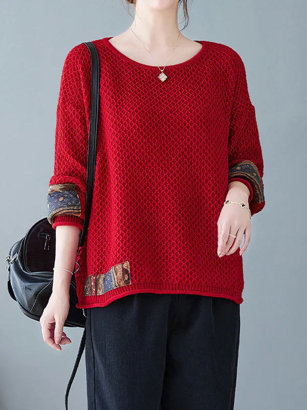 Long Sleeves Loose Printed Split-Joint Round-Neck Pullovers Sweater Tops - Image 5
