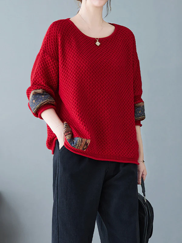 Long Sleeves Loose Printed Split-Joint Round-Neck Pullovers Sweater Tops - Image 6