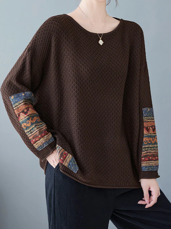 Long Sleeves Loose Printed Split-Joint Round-Neck Pullovers Sweater Tops - Image 7