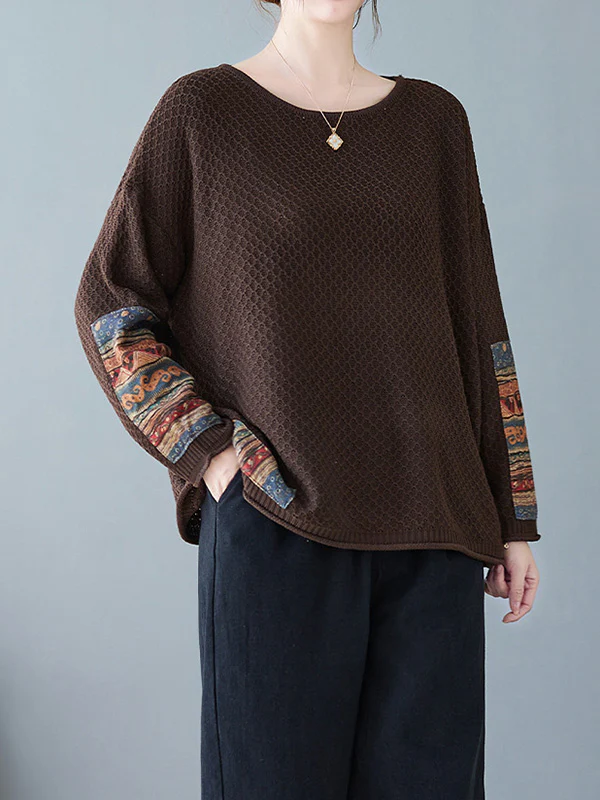 Long Sleeves Loose Printed Split-Joint Round-Neck Pullovers Sweater Tops - Image 8