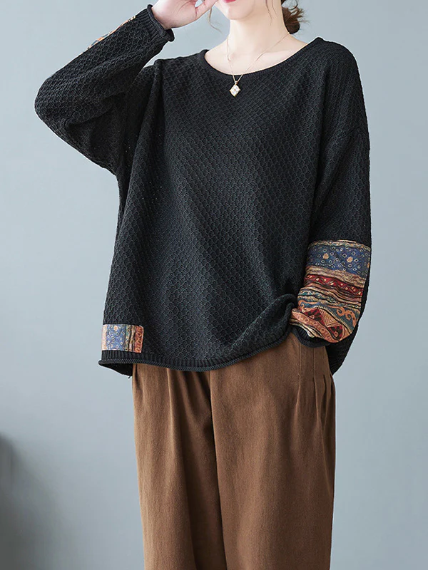 Long Sleeves Loose Printed Split-Joint Round-Neck Pullovers Sweater Tops - Image 9
