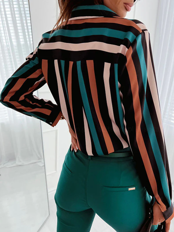Long Sleeves Loose Printed Striped Lapel Blouses - Image 4