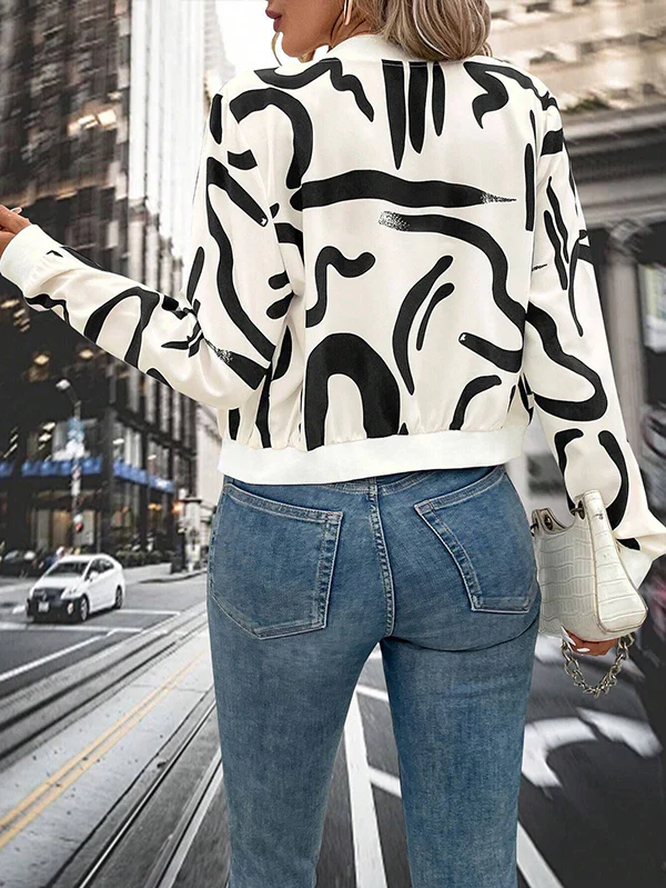Long Sleeves Loose Printed Zipper Jackets Outerwear - Image 5
