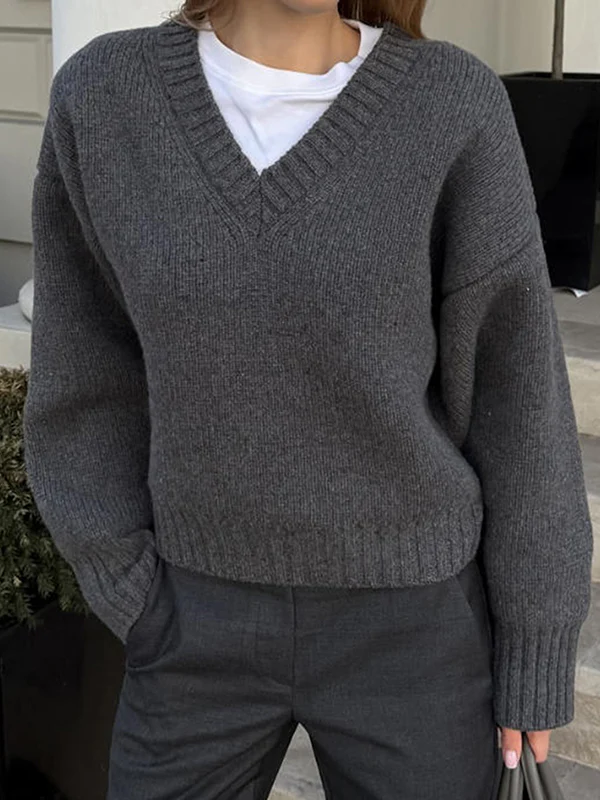 Long Sleeves Loose Ribs Solid Color V-Neck Sweater Tops - Image 2