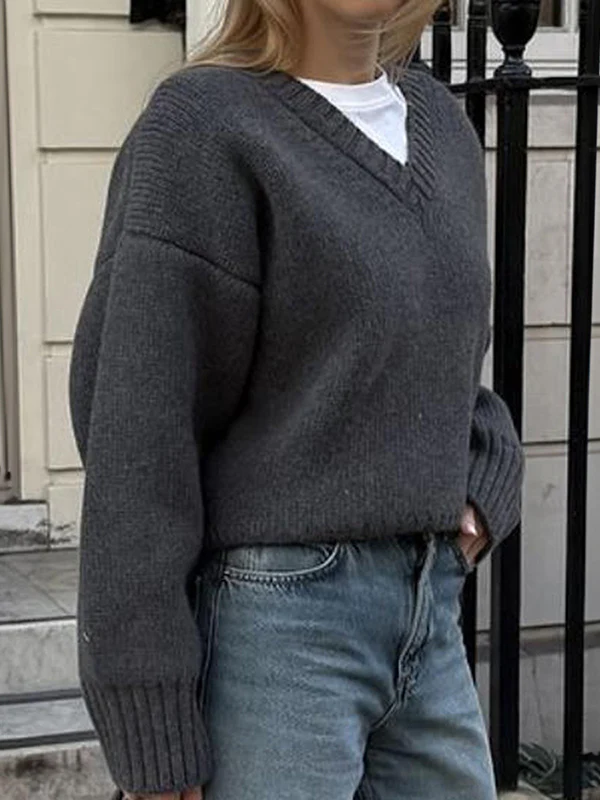 Long Sleeves Loose Ribs Solid Color V-Neck Sweater Tops - Image 4