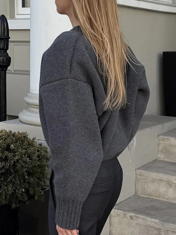 Long Sleeves Loose Ribs Solid Color V-Neck Sweater Tops - Image 5