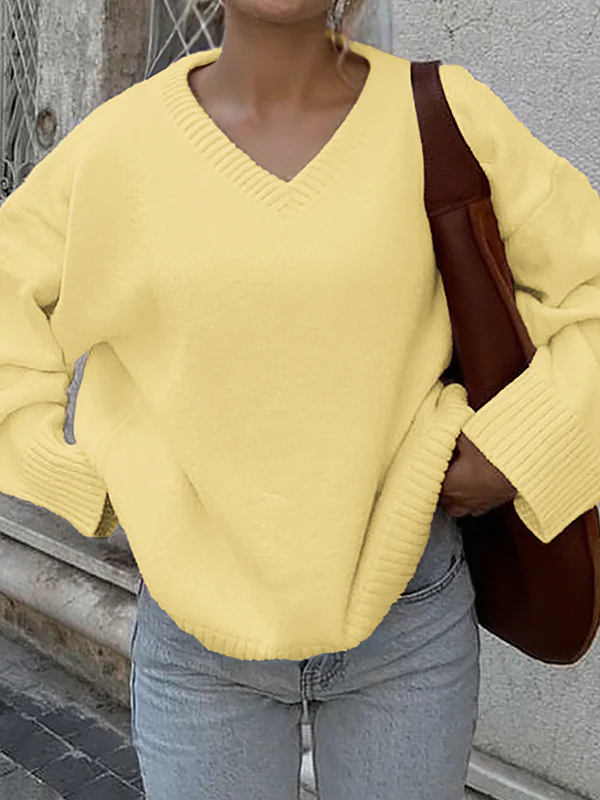 Long Sleeves Loose Ribs Solid Color V-Neck Sweater Tops - Image 10