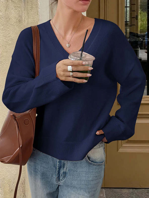 Long Sleeves Loose Ribs Solid Color V-Neck Sweater Tops - Image 11