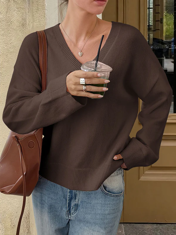 Long Sleeves Loose Ribs Solid Color V-Neck Sweater Tops - Image 12