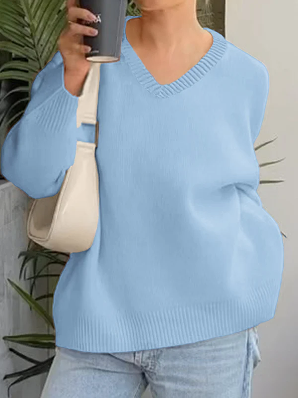 Long Sleeves Loose Ribs Solid Color V-Neck Sweater Tops - Image 13