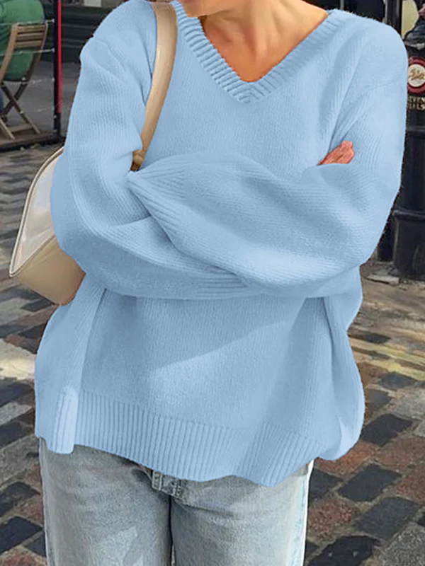 Long Sleeves Loose Ribs Solid Color V-Neck Sweater Tops - Image 14