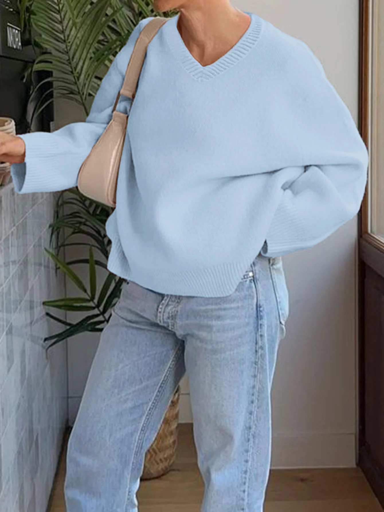 Long Sleeves Loose Ribs Solid Color V-Neck Sweater Tops - Image 15