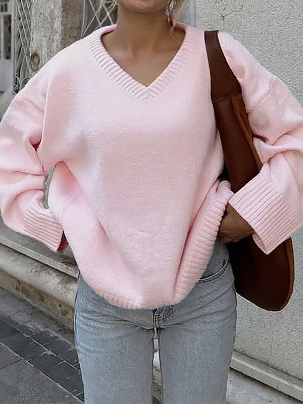 Long Sleeves Loose Ribs Solid Color V-Neck Sweater Tops - Image 2