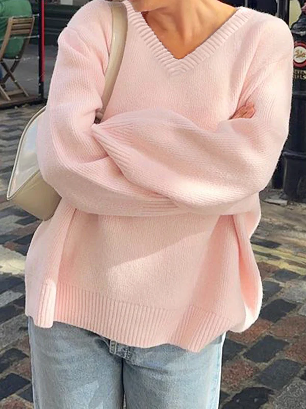 Long Sleeves Loose Ribs Solid Color V-Neck Sweater Tops - Image 3