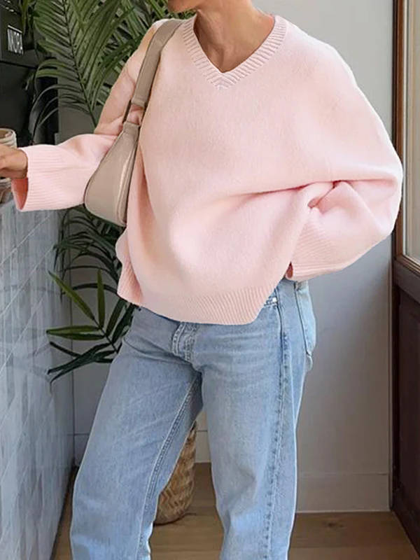 Long Sleeves Loose Ribs Solid Color V-Neck Sweater Tops - Image 4