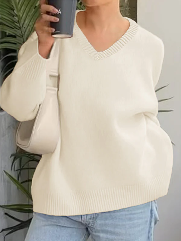 Long Sleeves Loose Ribs Solid Color V-Neck Sweater Tops - Image 6