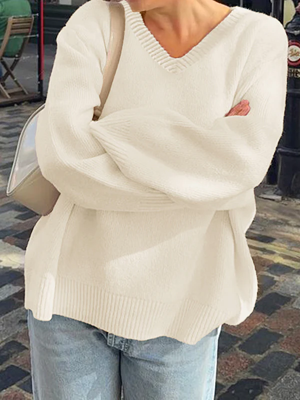 Long Sleeves Loose Ribs Solid Color V-Neck Sweater Tops - Image 7