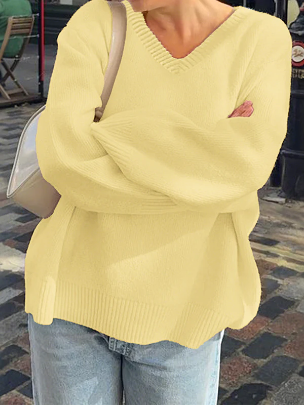 Long Sleeves Loose Ribs Solid Color V-Neck Sweater Tops - Image 8