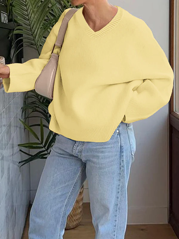 Long Sleeves Loose Ribs Solid Color V-Neck Sweater Tops - Image 9