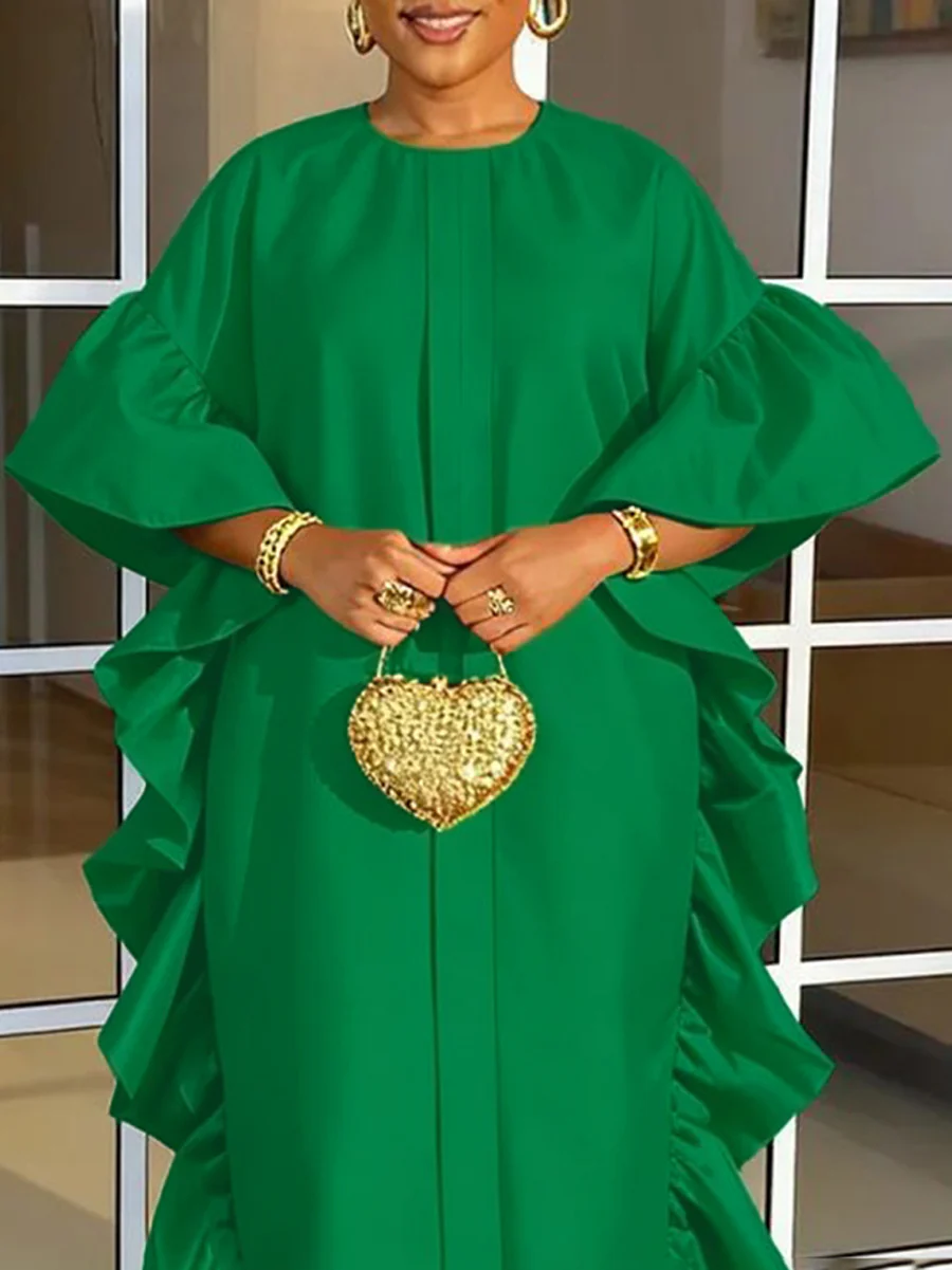 Long Sleeves Loose Ruffle Trim Solid Color Split-Joint Round-Neck Maxi Dresses - Image 2