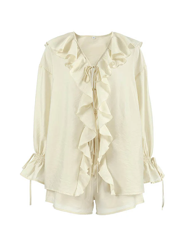 Long Sleeves Loose Ruffle Trim Solid Color Tied V-Neck Blouses&Shirts Tops + Elasticity Shorts Bottom Two Pieces Set - Image 11
