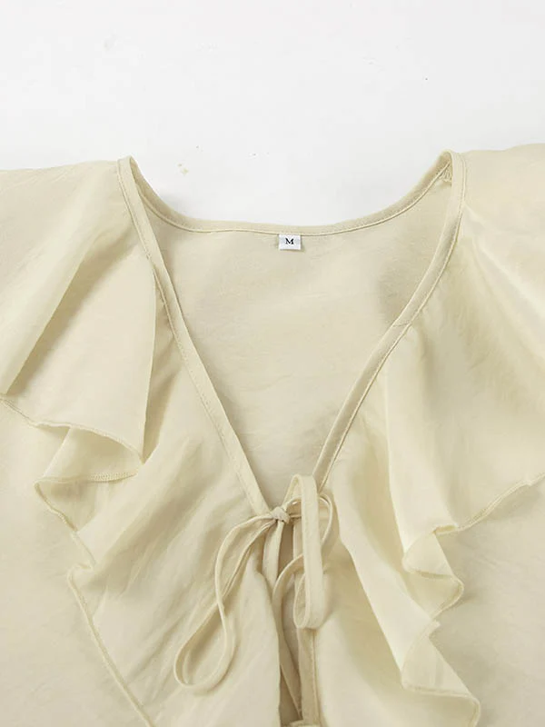 Long Sleeves Loose Ruffle Trim Solid Color Tied V-Neck Blouses&Shirts Tops + Elasticity Shorts Bottom Two Pieces Set - Image 13