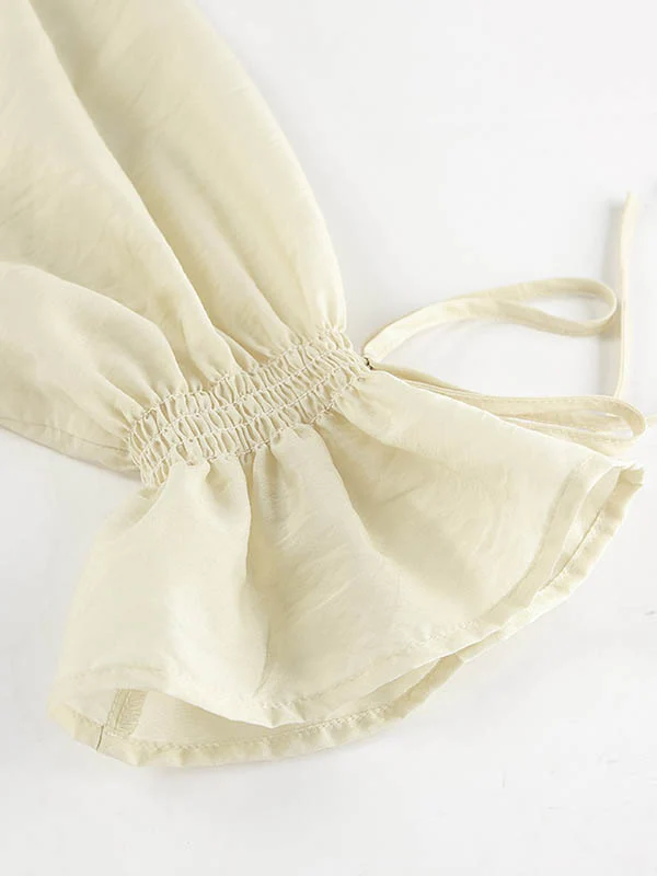 Long Sleeves Loose Ruffle Trim Solid Color Tied V-Neck Blouses&Shirts Tops + Elasticity Shorts Bottom Two Pieces Set - Image 15