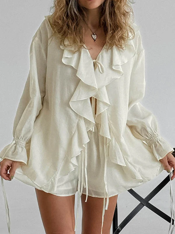 Long Sleeves Loose Ruffle Trim Solid Color Tied V-Neck Blouses&Shirts Tops + Elasticity Shorts Bottom Two Pieces Set - Image 4