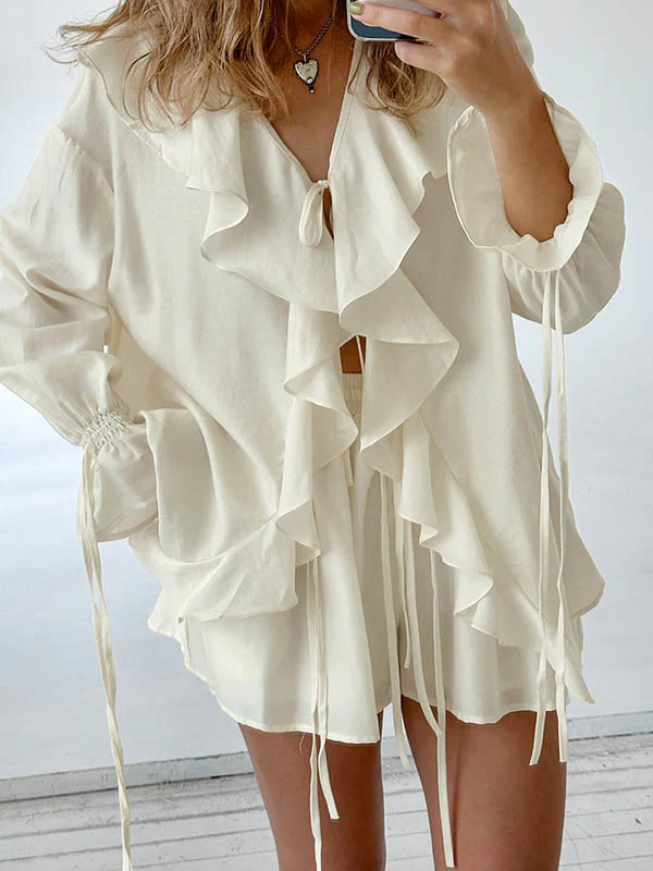 Long Sleeves Loose Ruffle Trim Solid Color Tied V-Neck Blouses&Shirts Tops + Elasticity Shorts Bottom Two Pieces Set - Image 5