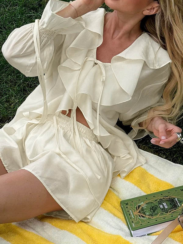 Long Sleeves Loose Ruffle Trim Solid Color Tied V-Neck Blouses&Shirts Tops + Elasticity Shorts Bottom Two Pieces Set - Image 8